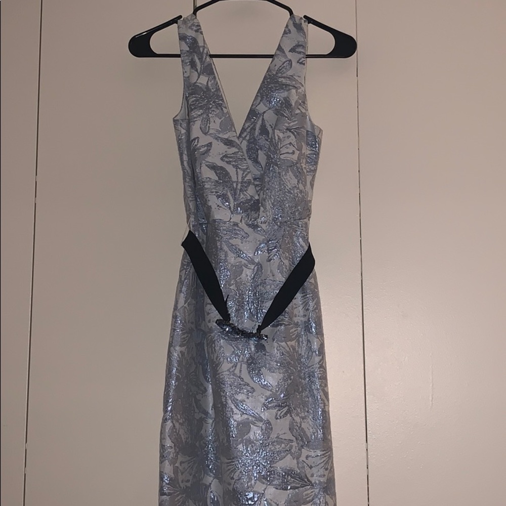 BCBGMaxAzria Silver One-Shoulder Floral Brocade Dress